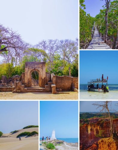 Collage of Bigtime Transfers coastal excursions including Gede Ruins and Diani beach tours